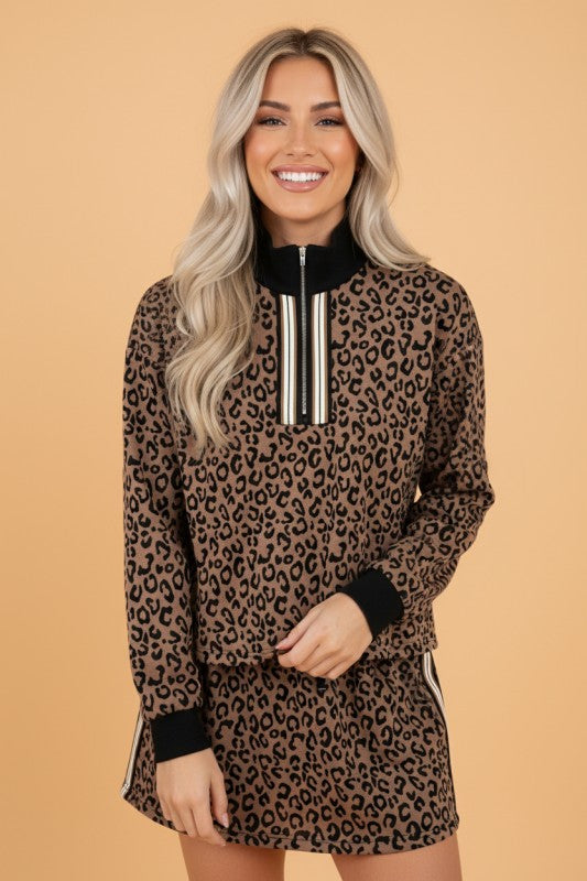 Leopard Quarter Zip Top & Mini Skirt Set