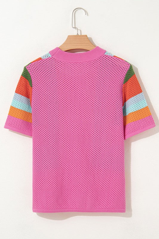 Colorblock Eyelet Short Sleeve Sweater T-Shirt