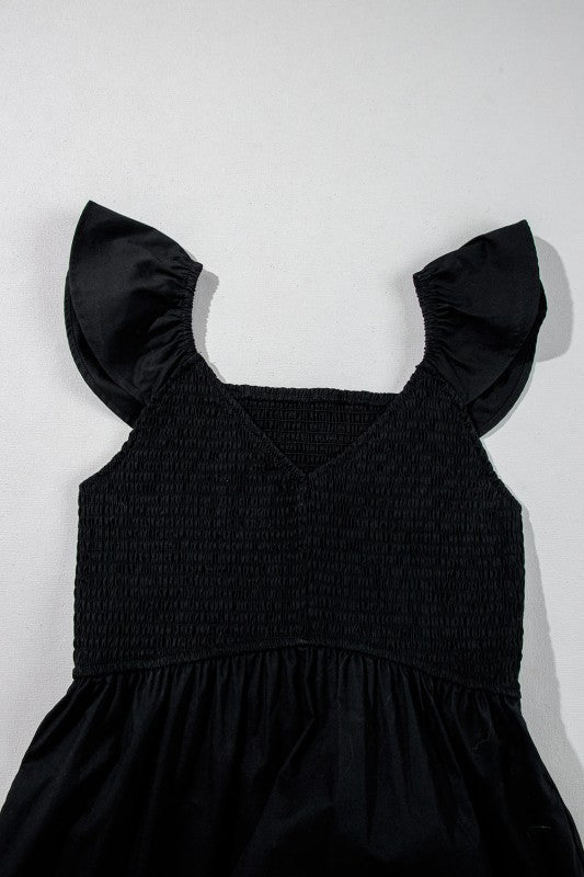 Solid V-Neck Flutter Sleeve Ruffle Maxi Dress