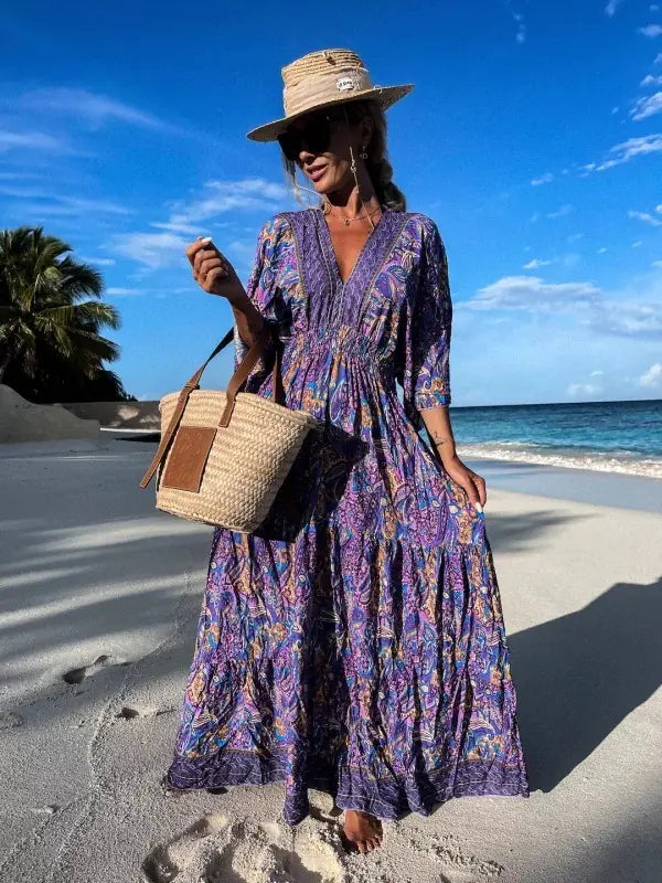 Bohemian Style V-Neck Floral Maxi Dress for Women