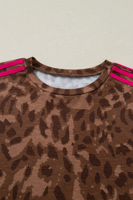 Leopard Contrast Stripe and Shorts Two-Piece Set