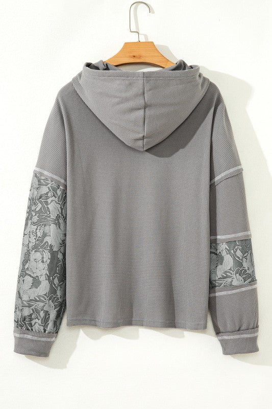 Stripe Waffle Patchwork Hooded Long Sleeve Top
