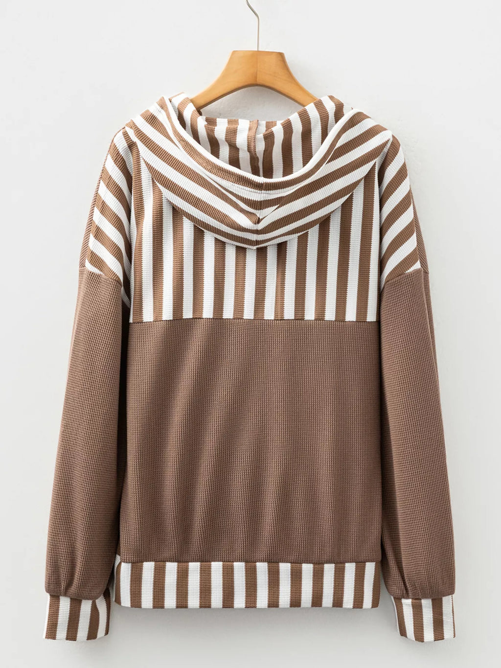 Waffle Texture Striped Patchwork Button Neck Drawstring Hoodie