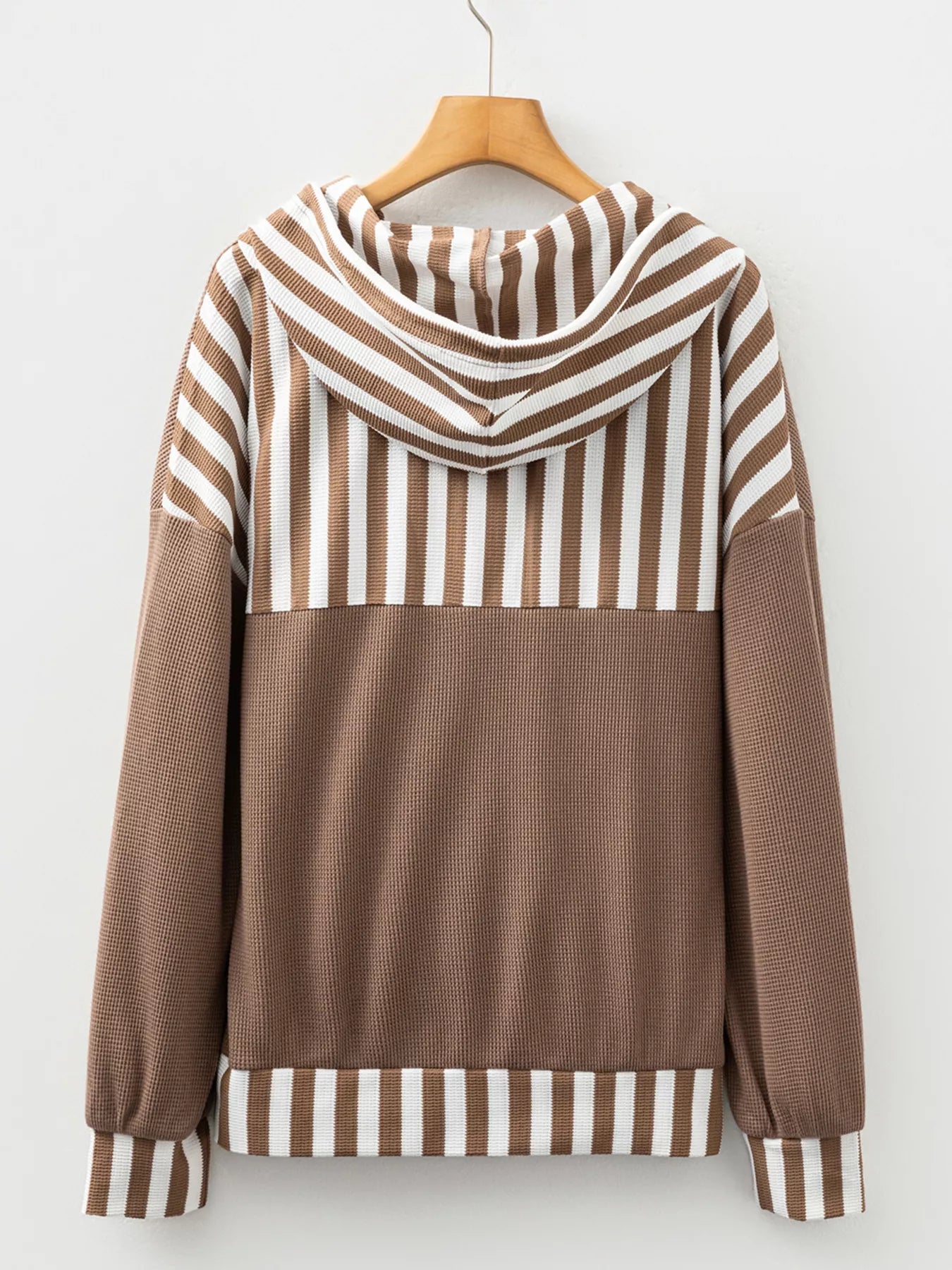Waffle Texture Striped Patchwork Button Neck Drawstring Hoodie