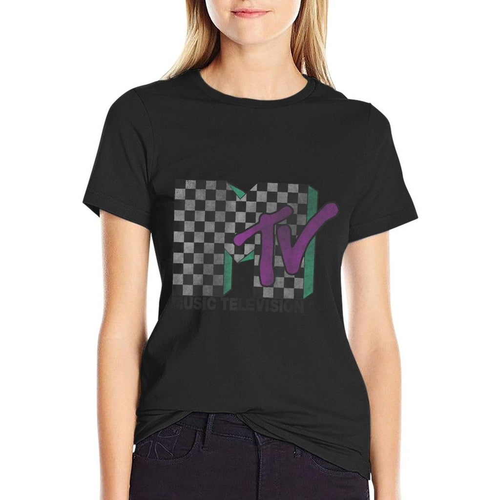 MTV Checkered Distressed Retro Logo Eco-friendly Material T-Shirt