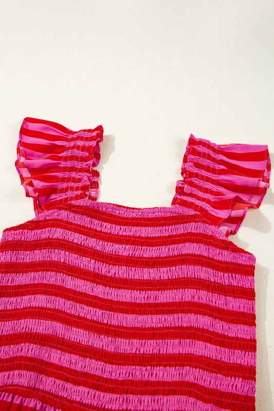 Stripe Smocked Bodice Flutter Sleeve Tiered Maxi D
