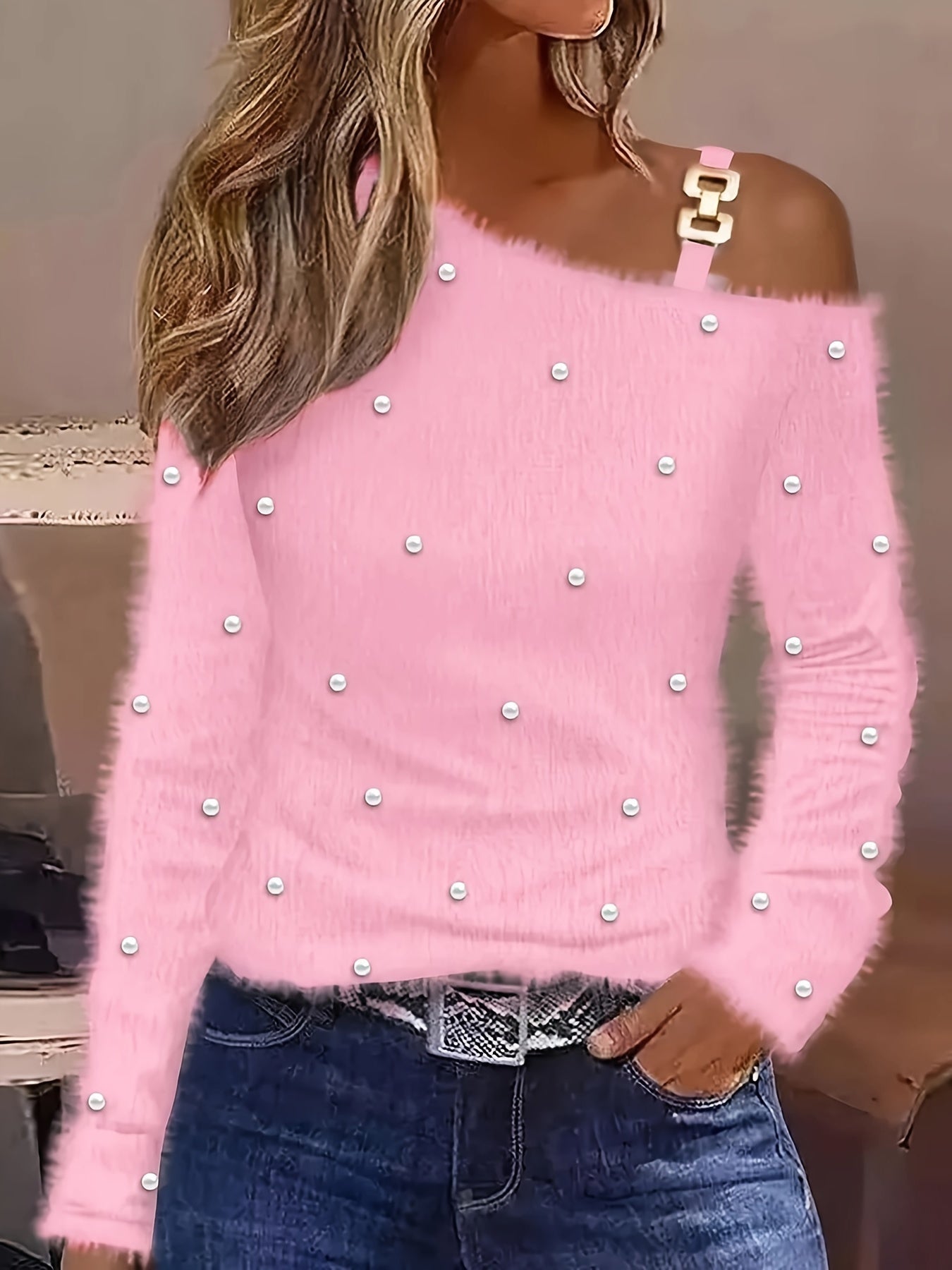 Elegant Pearl Beaded Off Shoulder Top Chic  Style