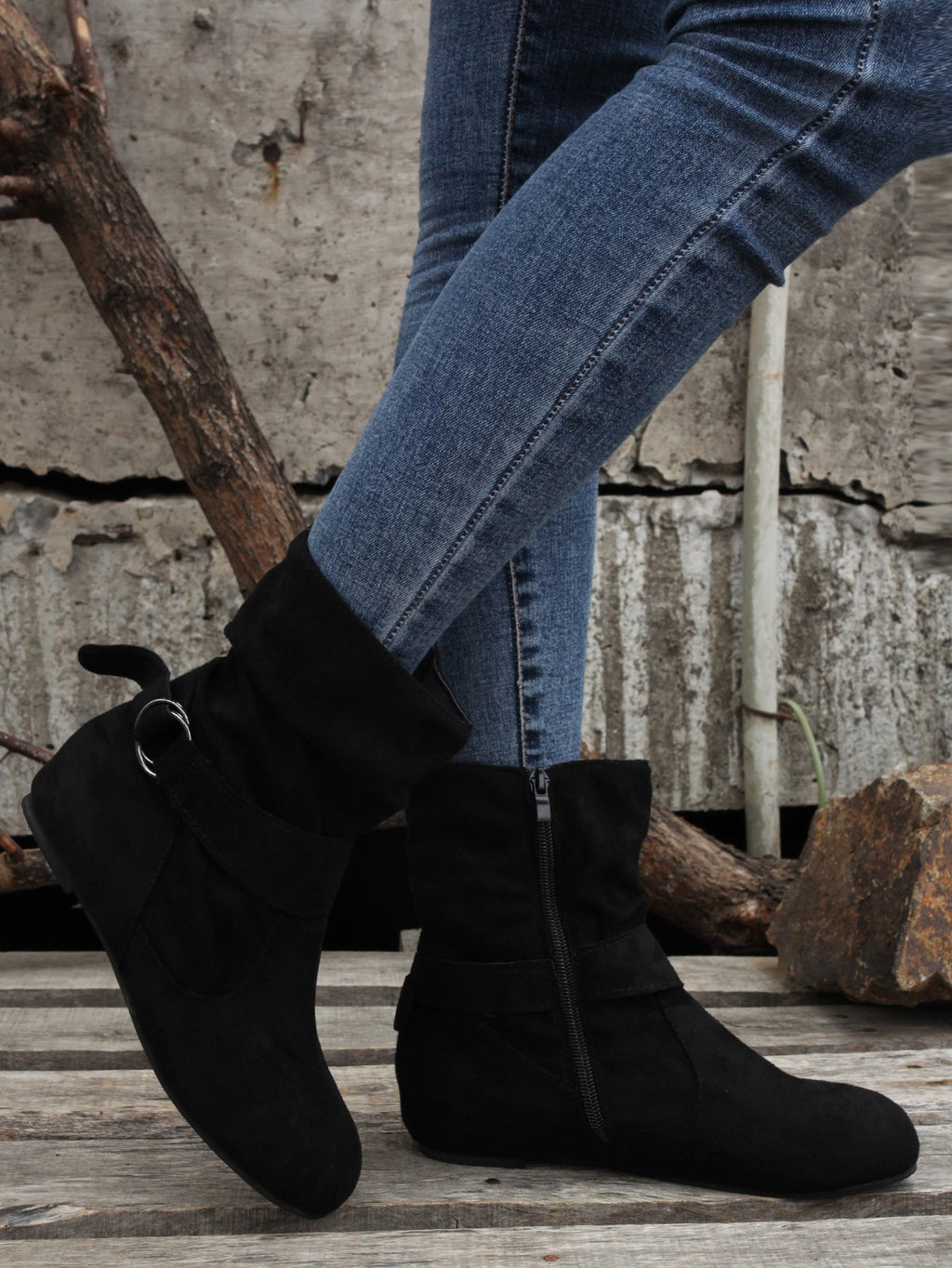 Ankle Boots  Round Toe Buckle Belt Side Zipper Boots
