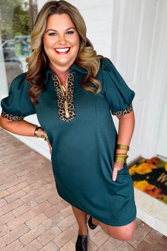Plus Size Leopard Patchwork Quarter-Zip Collared D