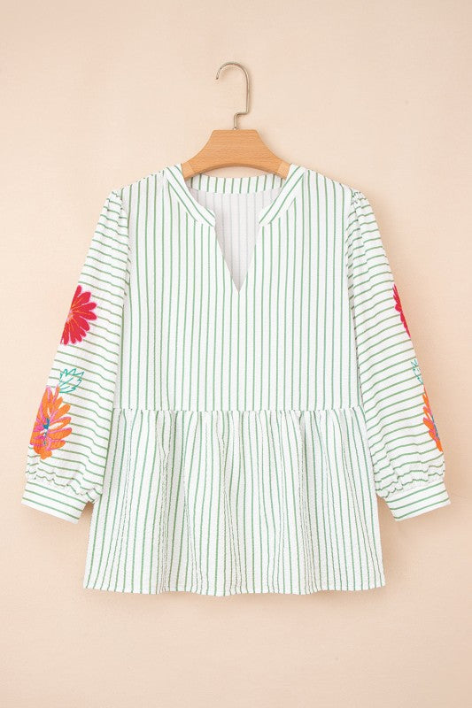 Floral Stripe Puff Sleeve Notched V-Neck Blouse