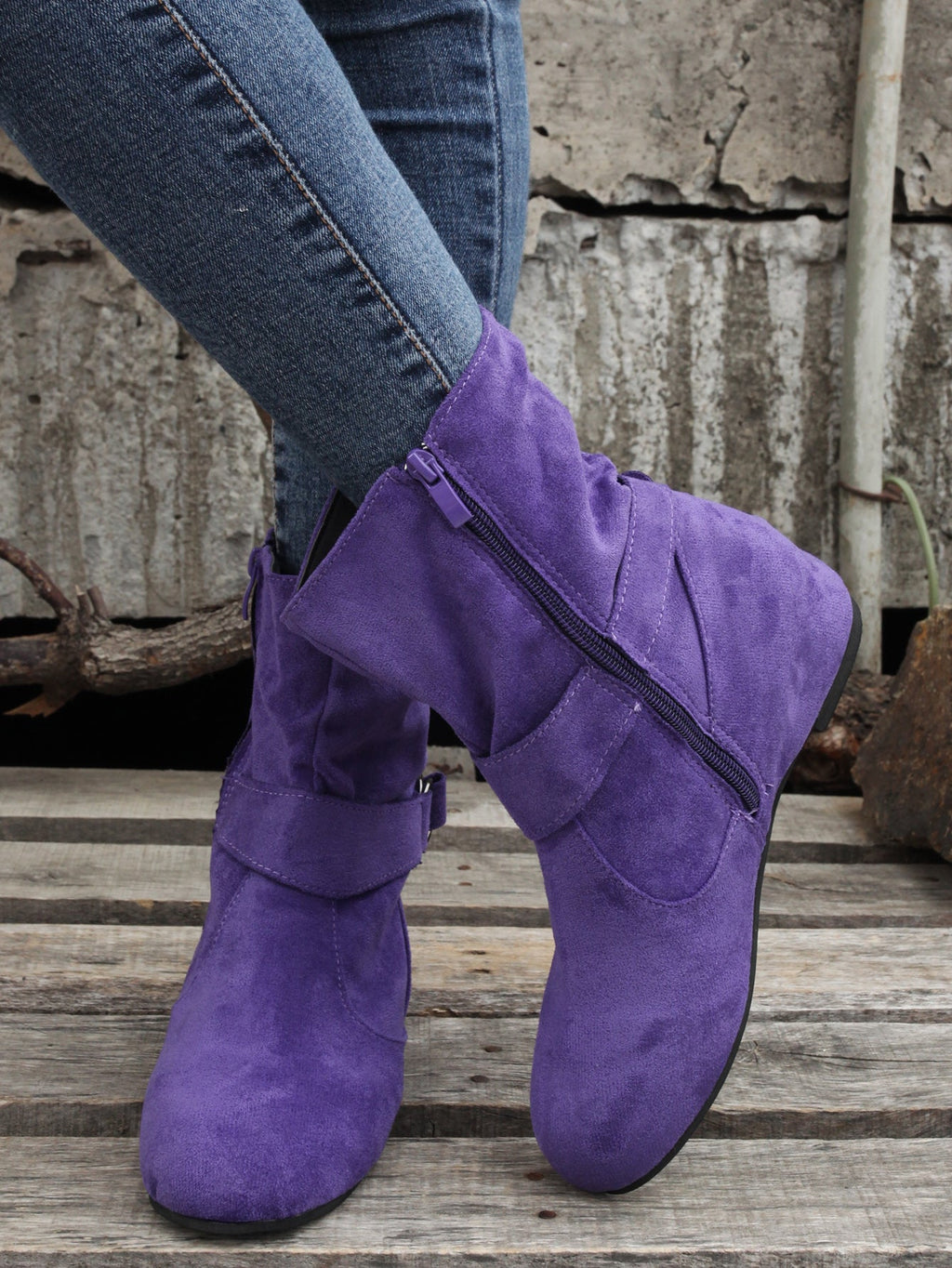 Ankle Boots  Round Toe Buckle Belt Side Zipper Boots