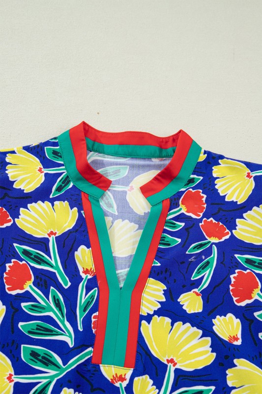 Floral Stripe Patchwork V-Neck Short Sleeve Blouse