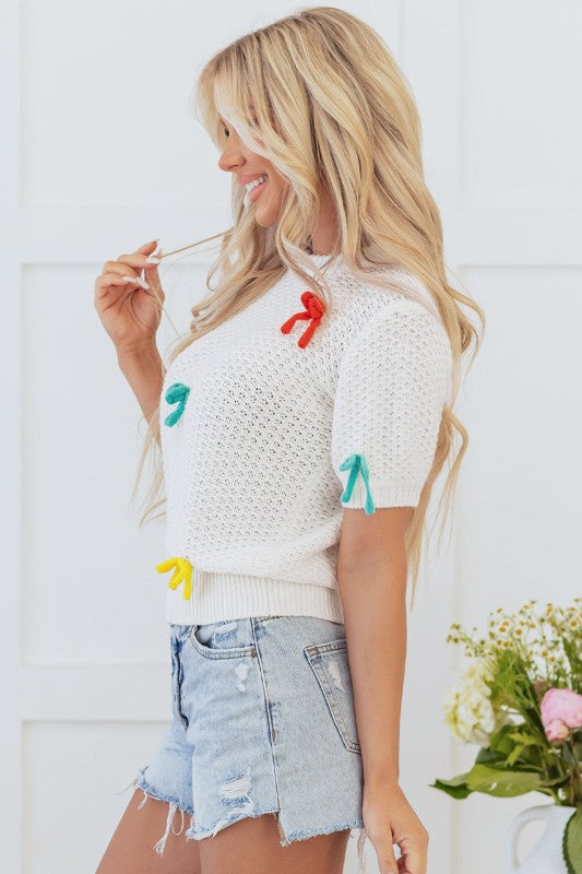 Bow Tie Crewneck Short Sleeve Sweater