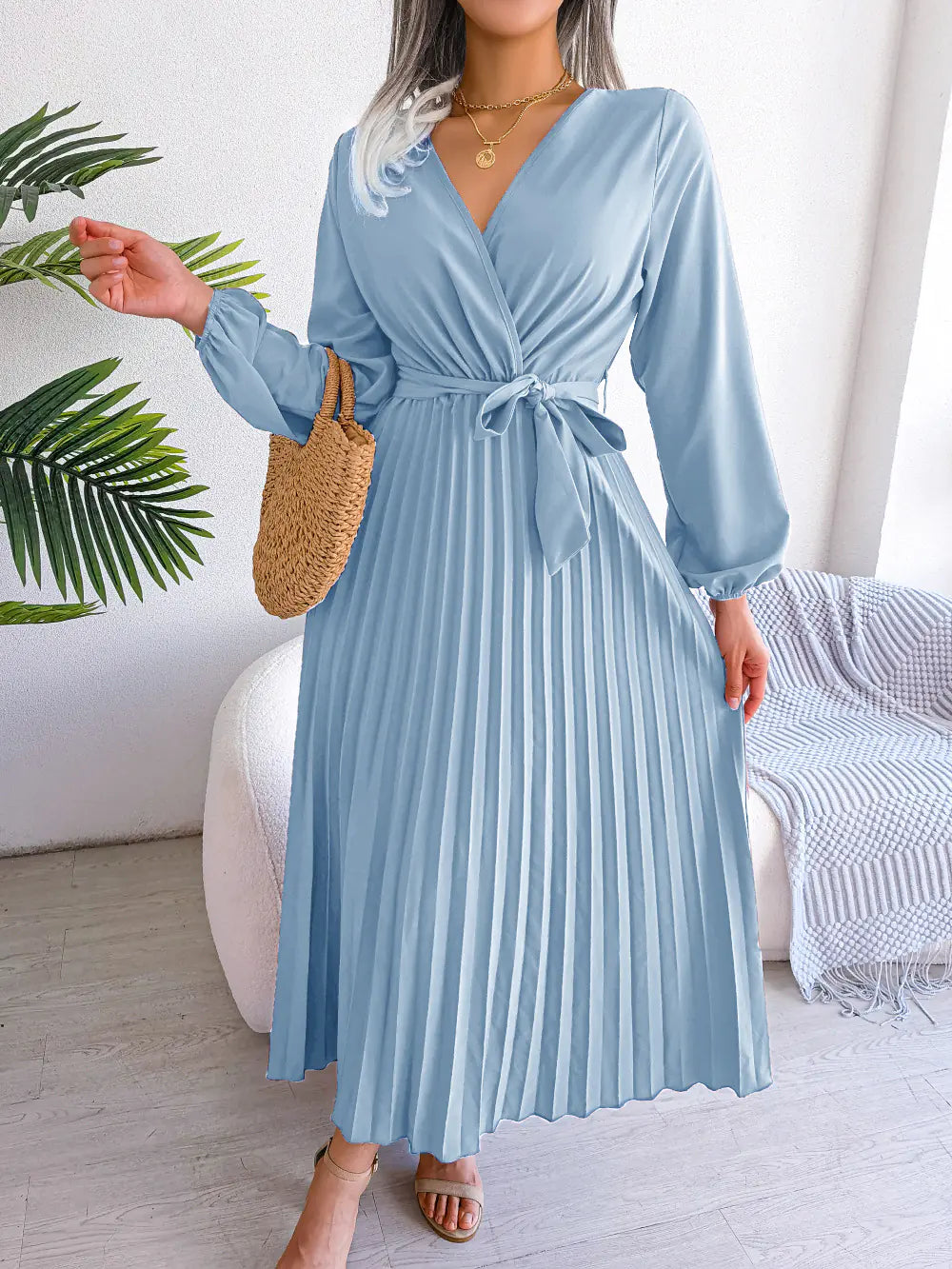 Spring/Summer Cross V-Neck Pleated Maxi Dress