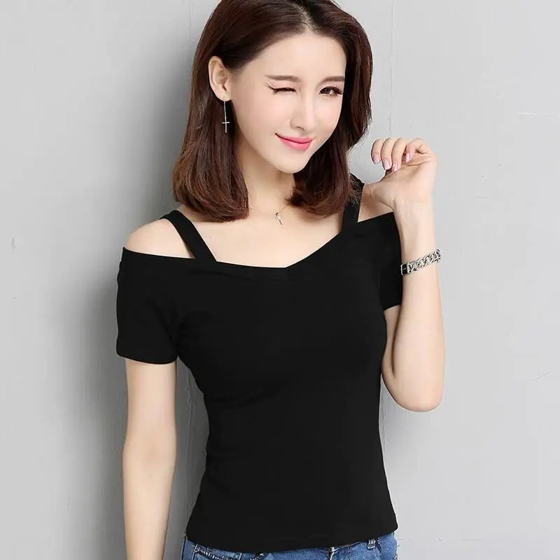 Korean Fashion Slim Off-Shoulder Short Sleeve T-Shirt