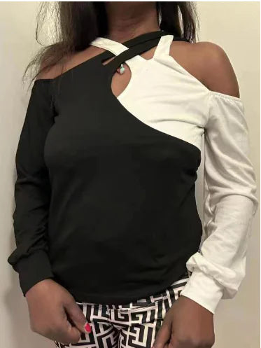 Color-Block Long-Sleeved Women's Casual T-Shirt