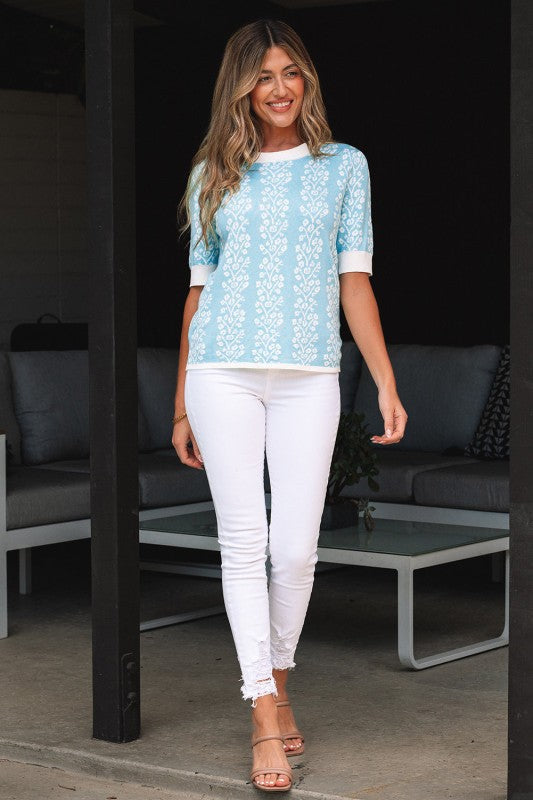 Floral Contrast Crewneck Short Sleeve Sweater