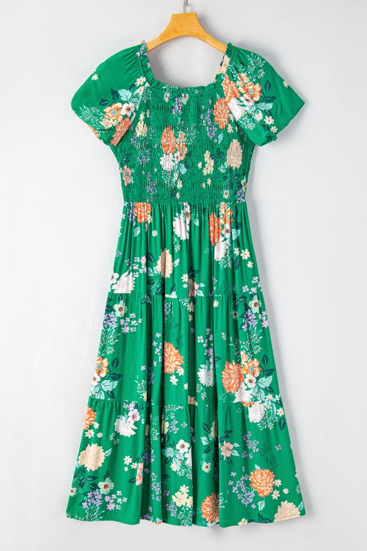 Floral Bubble Sleeve Smocked Tiered Midi Dress