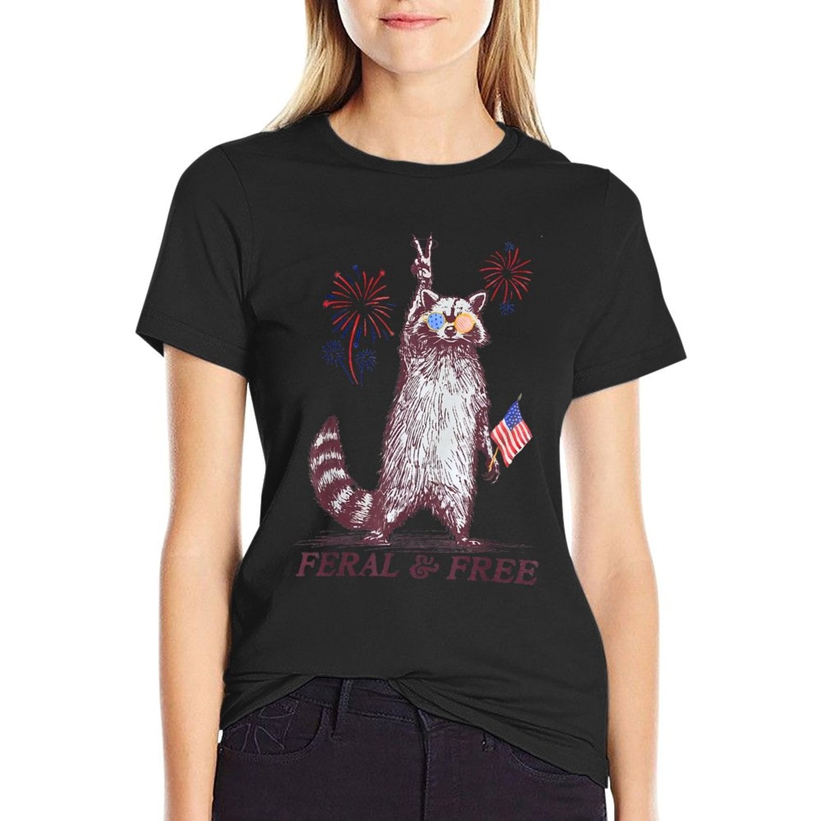 Feral & Free Funny Patriotic Racoon Feral And Free 4th July Eco-friendly Material T-Shirt