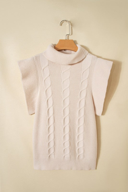 Cable Knit Turtleneck Ruffle Short Sleeve Sweater