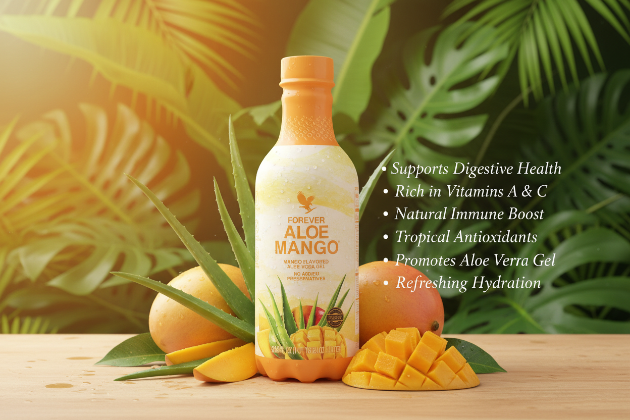 Forever Aloe Mango Aloe Vera Gel® with 86% pure inner leaf aloe vera gel and an extra kick of nutrition and flavor from natural tropical mango puree