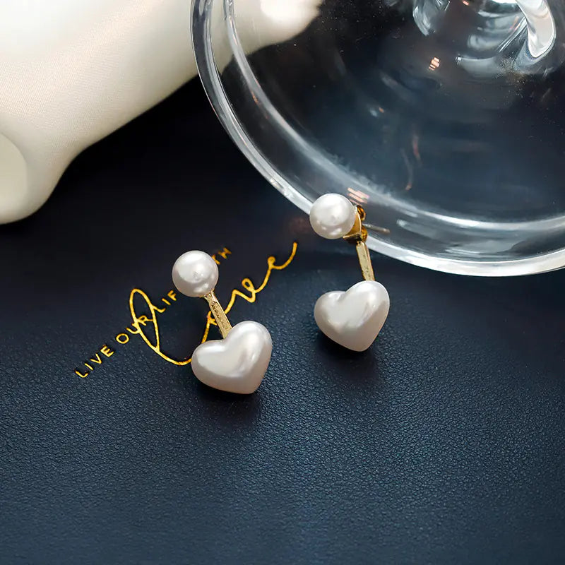 925 Silver Simple Heart Pearl Stud Earrings