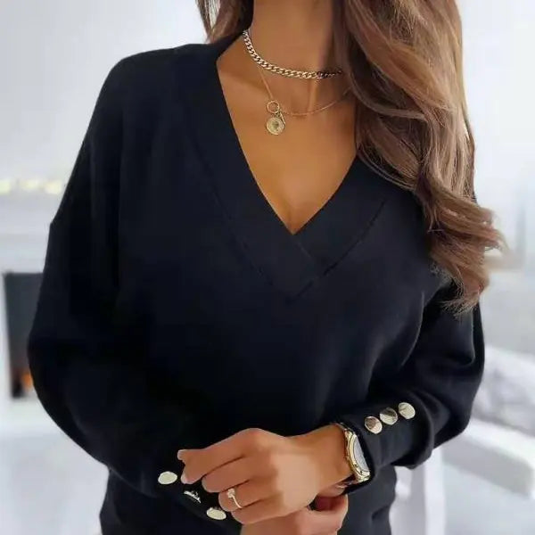 Casual Loose Button V-Neck Long Sleeve Sweatshirt