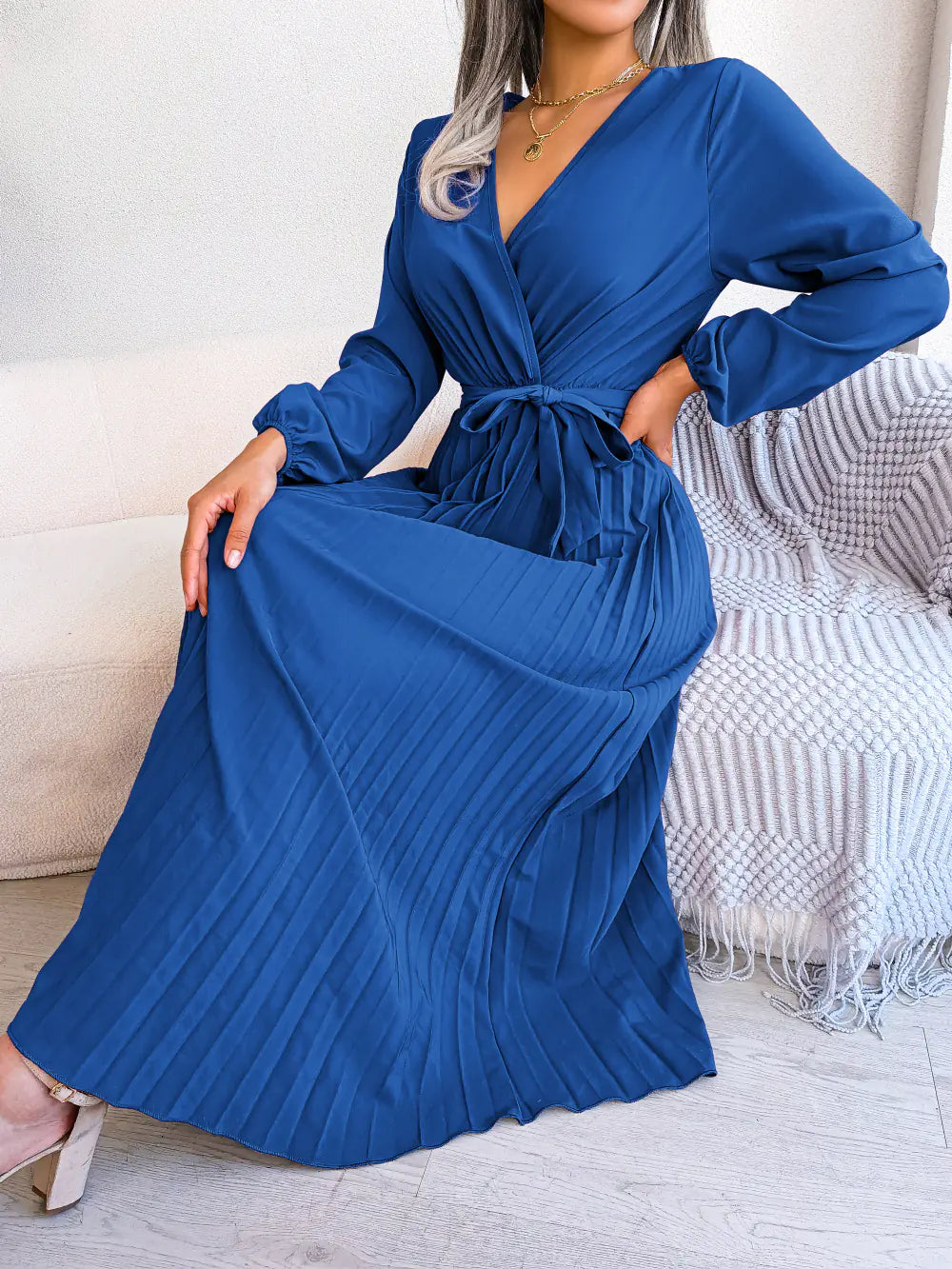 Spring/Summer Cross V-Neck Pleated Maxi Dress