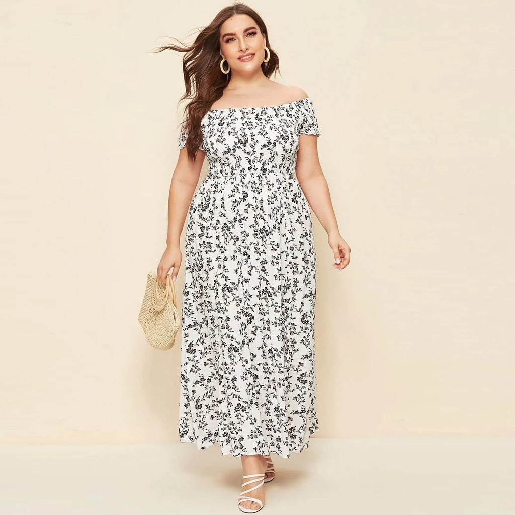 Plus Size Floral Print Off-Shoulder Summer Dress