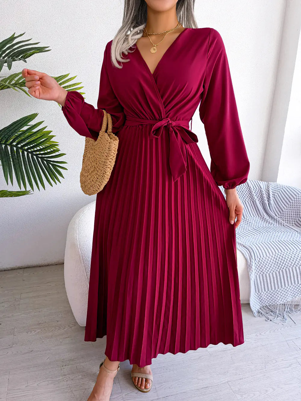 Spring/Summer Cross V-Neck Pleated Maxi Dress