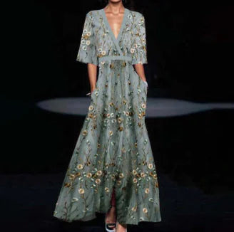 Summer V-Neck Floral Split Maxi Dress with Belt