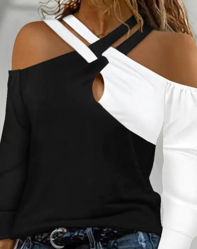 Color-Block Long-Sleeved Women's Casual T-Shirt