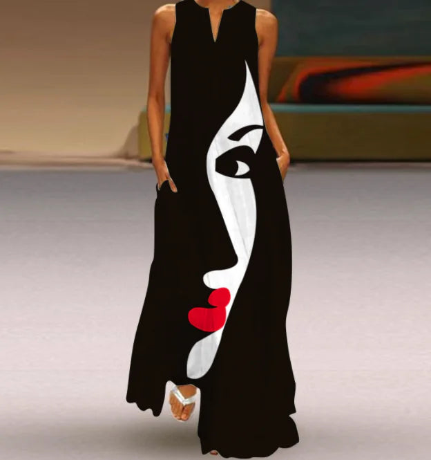 Printed V-neck Sleeveless Maxi Dress
