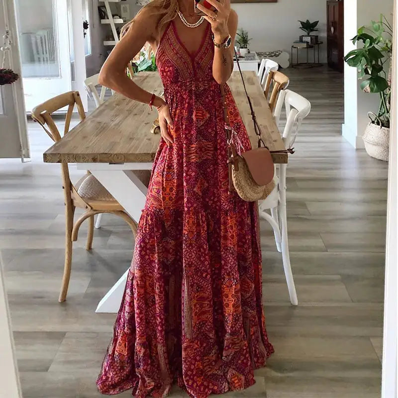 Bohemian High Waisted V-neck Floral Dress