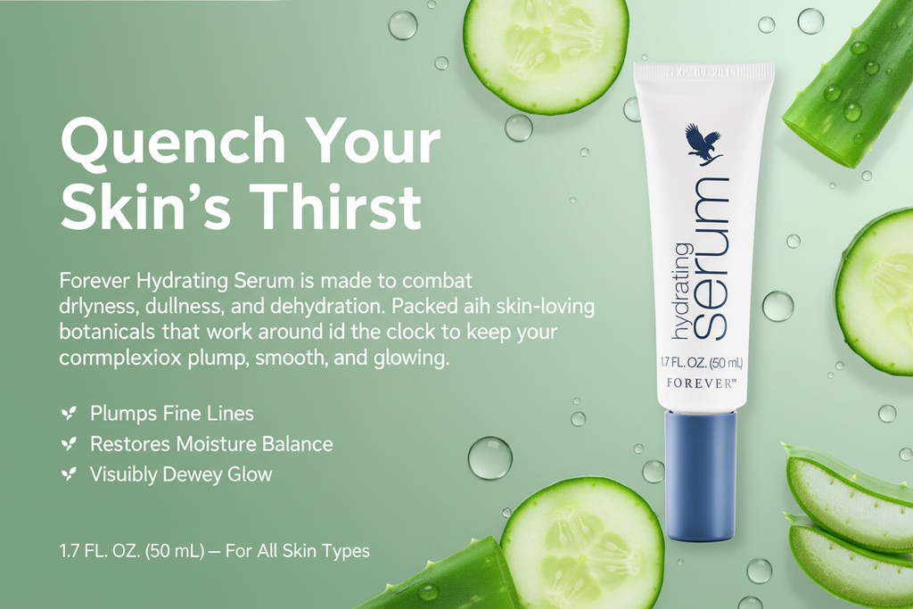 Forever’s hydrating serum fits perfectly into your routine to provide a powerful boost of hydration thanks to pure aloe vera and four types of hyaluronic acid.