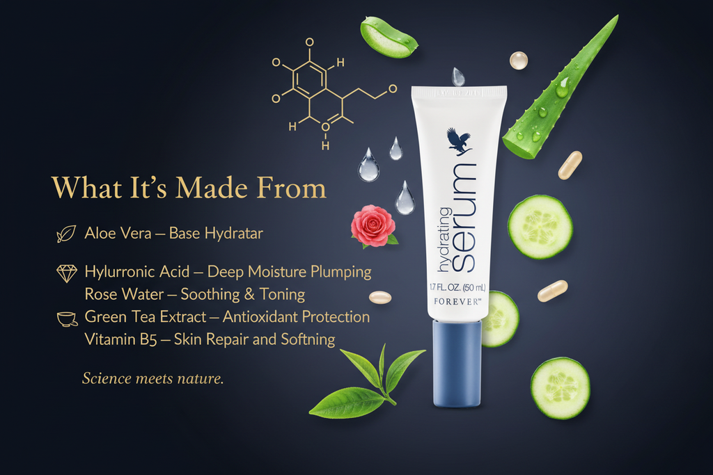 Forever’s hydrating serum fits perfectly into your routine to provide a powerful boost of hydration thanks to pure aloe vera and four types of hyaluronic acid.