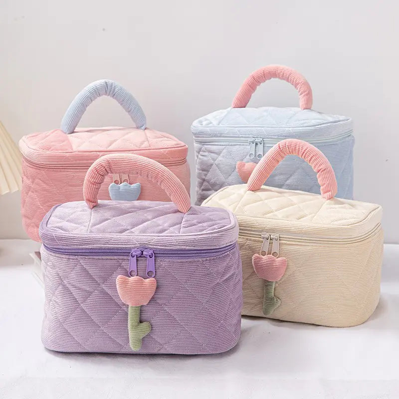 Set for Travel Corduroy Flower Makeup Bag and Beauty