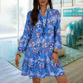 Printed V-neck Button Pleated Dress
