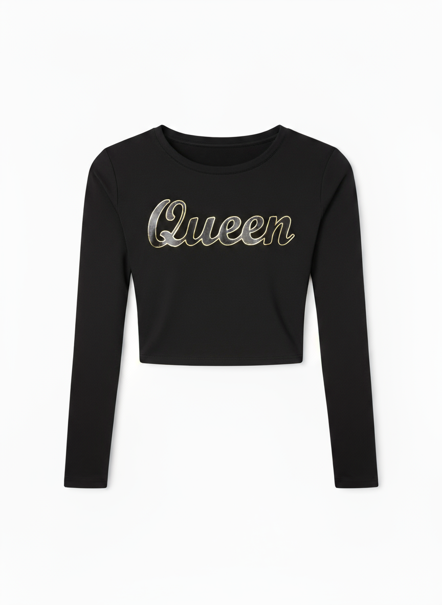 Long Sleeve Crew Neck Fitted Crop Top | Print Queen Long Sleeve Top