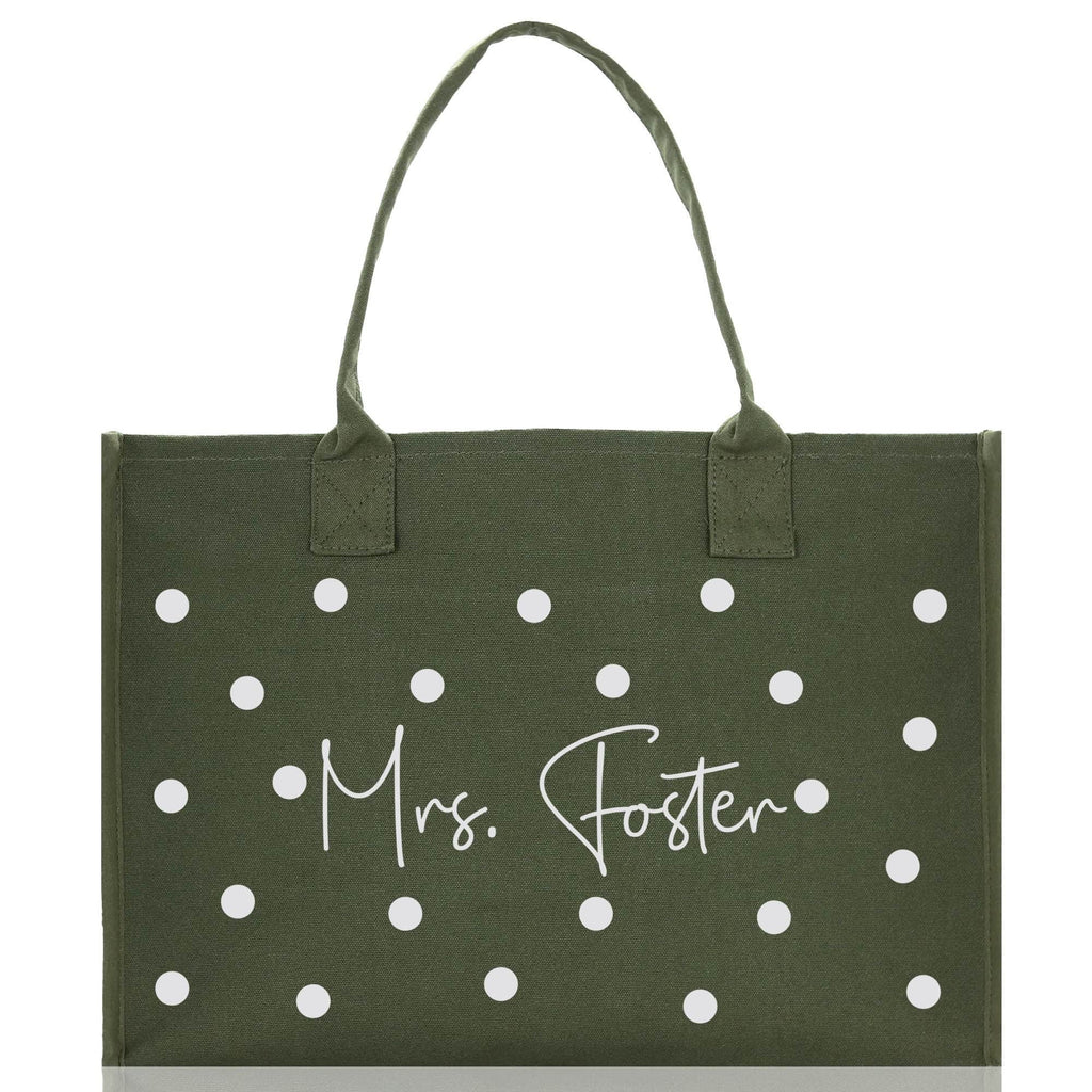 Polka Dot Mrs. Last Name Tote Bag Personalized Date Wedding Tote Bridal Shower Gift Honeymoon Gift Customized Wedding Gift Bridesmaid Gift