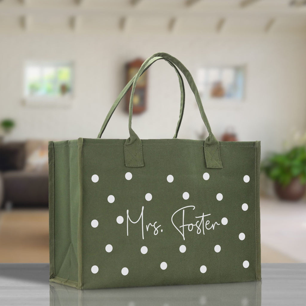 Polka Dot Mrs. Last Name Tote Bag Personalized Date Wedding Tote Bridal Shower Gift Honeymoon Gift Customized Wedding Gift Bridesmaid Gift
