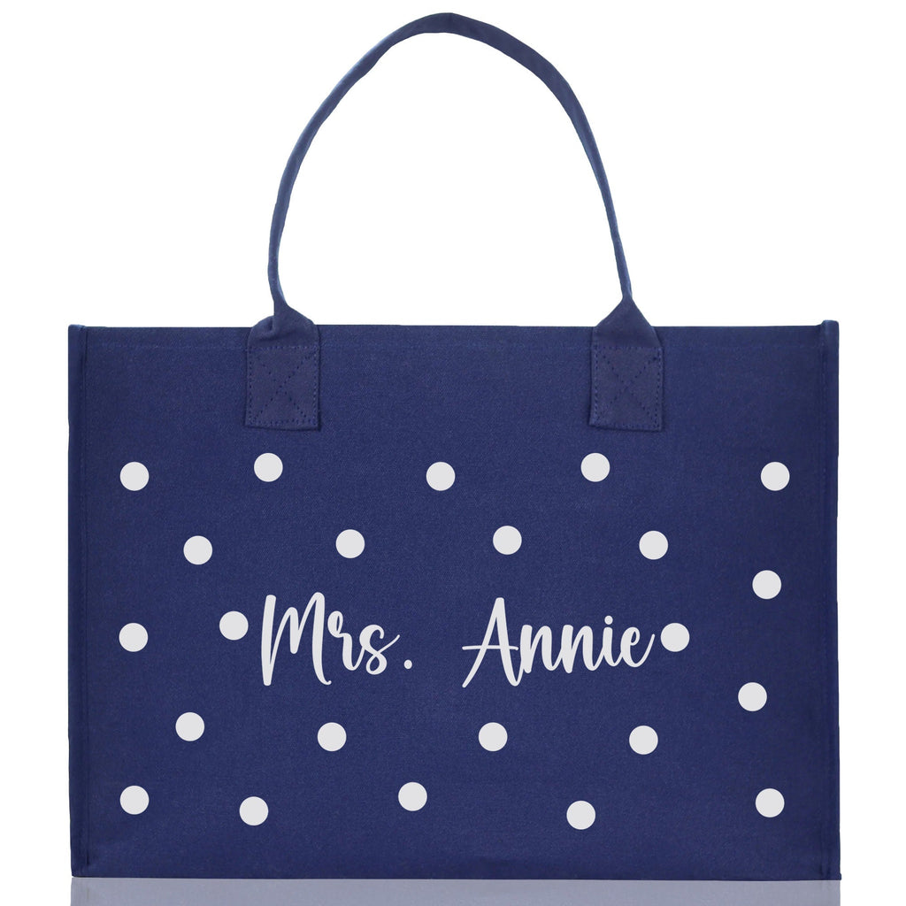 Polka Dot Mrs. Last Name Tote Bag Personalized Date Wedding Tote Bridal Shower Gift Honeymoon Gift Customized Wedding Gift Bridesmaid Gift