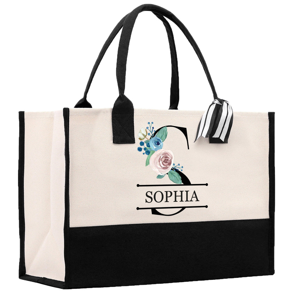 Floral Initial and Name Cotton Canvas Tote Bag Personalized Bridesmaid Gift Bag Wedding Birthday Gift Custom Name Tote Wedding Gift