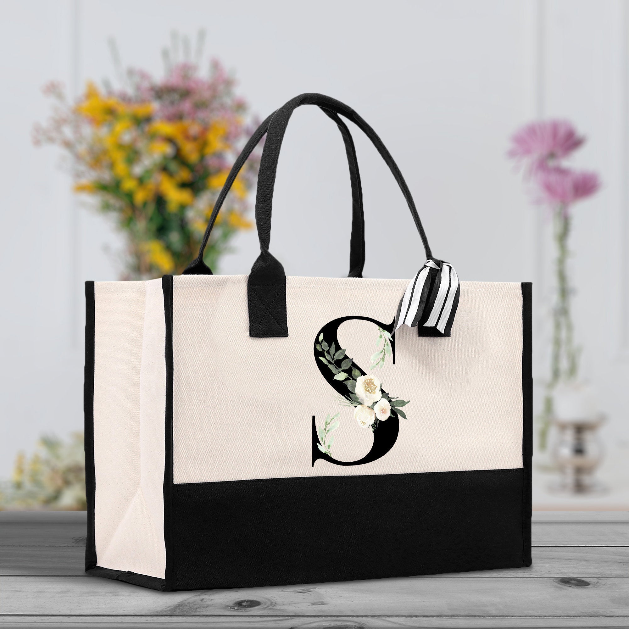 Floral Monogram Beach Canvas Tote Bag Initial Tote Bag Letter Tote Bag Birthday Gift Personalized Tote Bag Personalized Beach Bag