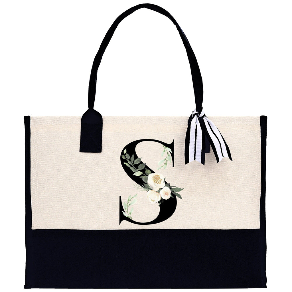 Floral Monogram Beach Canvas Tote Bag Initial Tote Bag Letter Tote Bag Birthday Gift Personalized Tote Bag Personalized Beach Bag