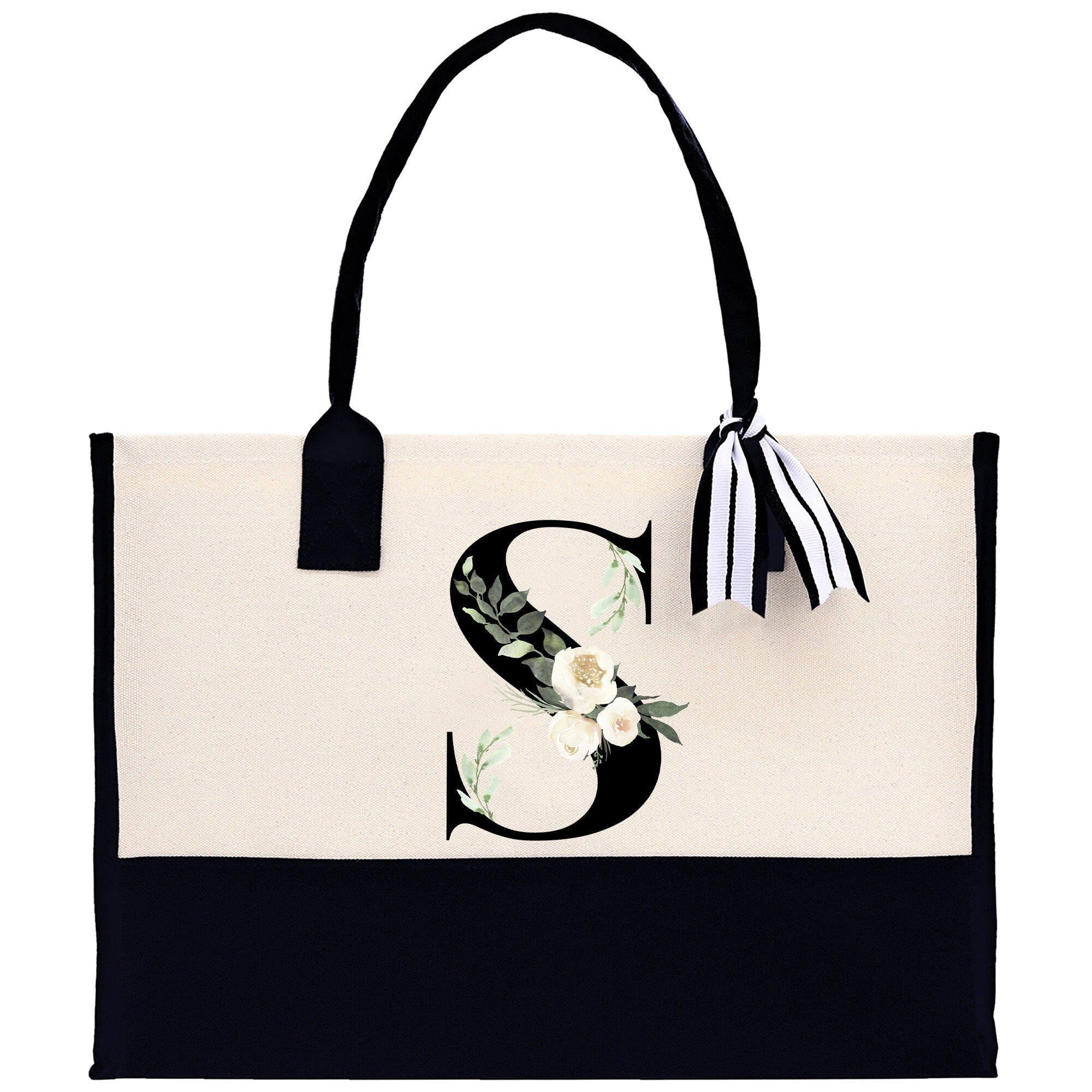 Floral Monogram Beach Canvas Tote Bag Initial Tote Bag Letter Tote Bag Birthday Gift Personalized Tote Bag Personalized Beach Bag