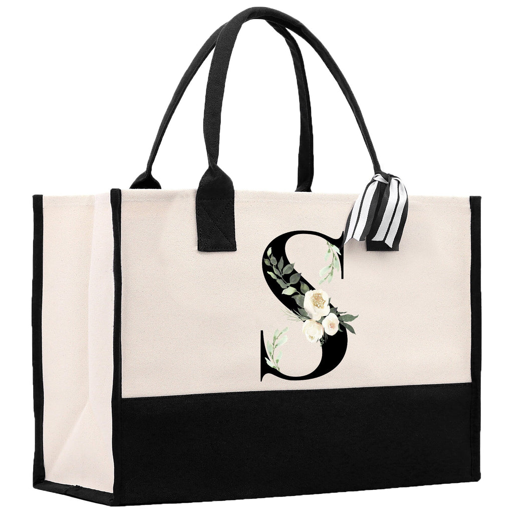 Floral Monogram Beach Canvas Tote Bag Initial Tote Bag Letter Tote Bag Birthday Gift Personalized Tote Bag Personalized Beach Bag