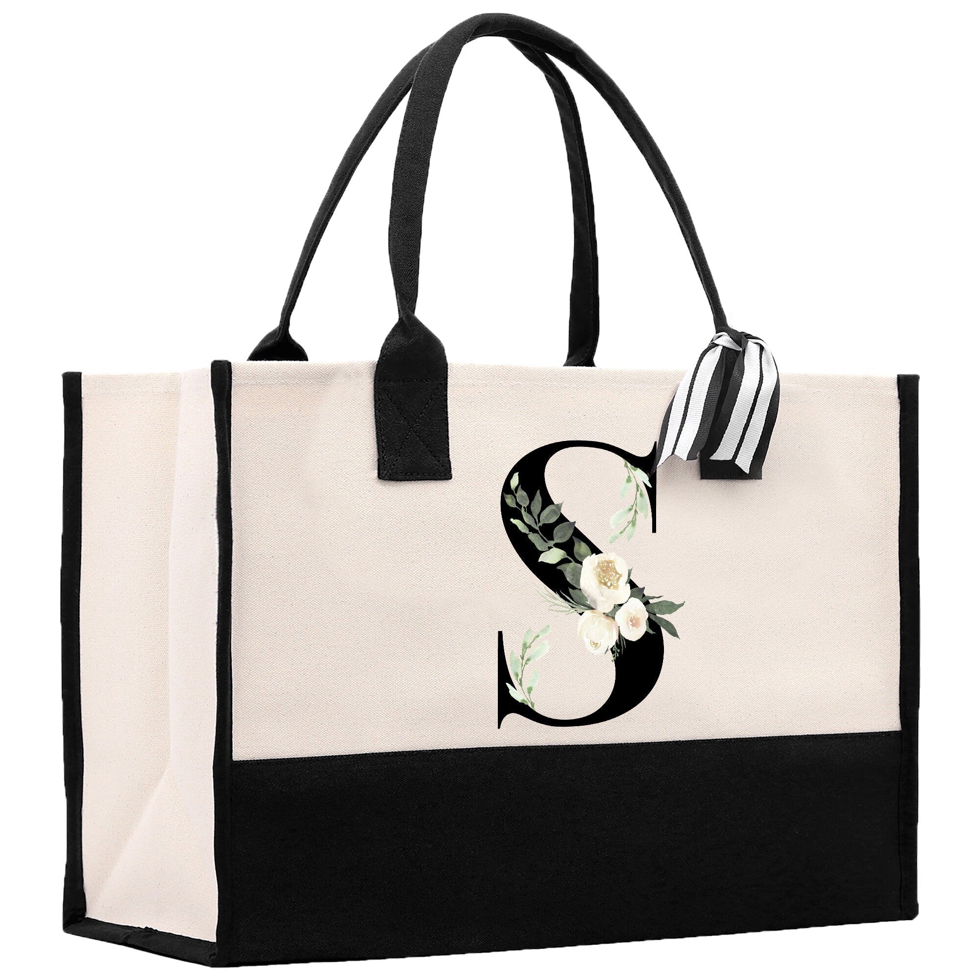 Floral Monogram Beach Canvas Tote Bag Initial Tote Bag Letter Tote Bag Birthday Gift Personalized Tote Bag Personalized Beach Bag