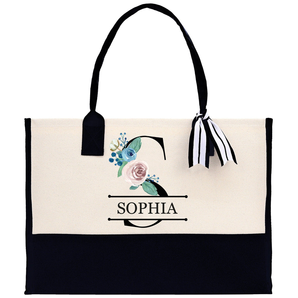 Floral Initial and Name Cotton Canvas Tote Bag Personalized Bridesmaid Gift Bag Wedding Birthday Gift Custom Name Tote Wedding Gift