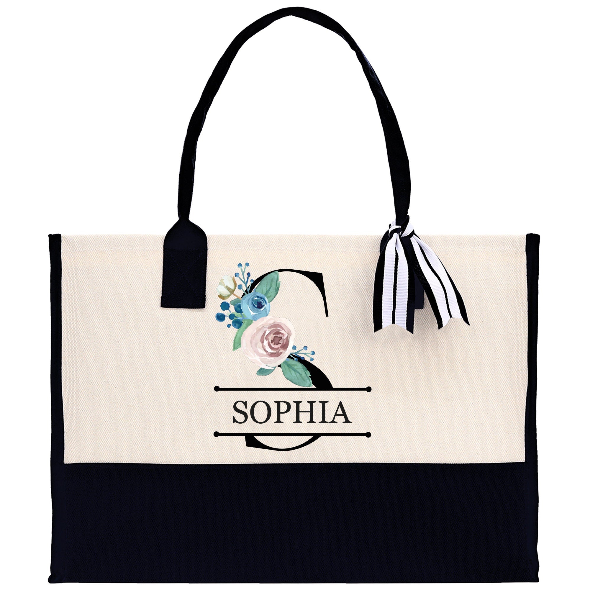 Floral Initial and Name Cotton Canvas Tote Bag Personalized Bridesmaid Gift Bag Wedding Birthday Gift Custom Name Tote Wedding Gift